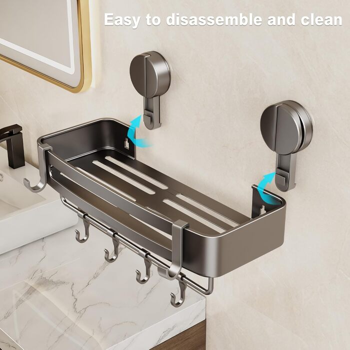 Поличка для душу без свердління, кутова поличка для ванної кімнати з присосками, корзина для душу з тримачем для рушників та знімними гачками (2 шт., сіра) (Прямокутна – 2 шт.)