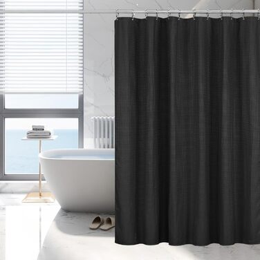 Шторка для душу Waffel 183x198 см - текстильна, поліестер, з магнітною стрічкою та 12 кільцями, непрозора та водонепроникна для ванної кімнати (Чорний, 183x198 см)