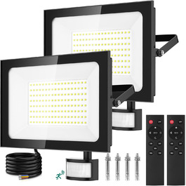 Viugreum 2Pack 150W LED Flood Lights Outdoor with Motion Sensor, 15000LM Outdoor Light, Cold White Spotlight with Remote Control, Floodlight Outdoor Spotlight, IP67 Waterproof, Floodlight with 2 Screws for Garden