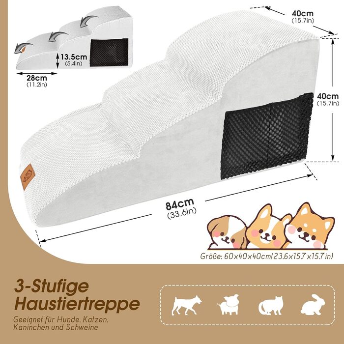 2-Step Dog Stairs, 40cm Cat Stairs with Washable Cover, Dog Stairs for Small Dogs, Pet Stairs for Dogs and Cats, Cat Stairs for Senior Cats, Black (3-Step Wider Dog Stairs)
