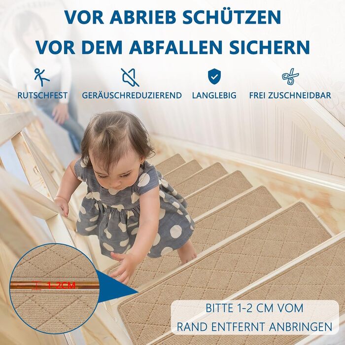 Килимок на сходинки, антиковзаючі, 20x76 см (15 шт), килимки на сходи, багаторазовий клей для всіх чистих, гладких сходів, захист сходинок для дітей, (Бежевий)