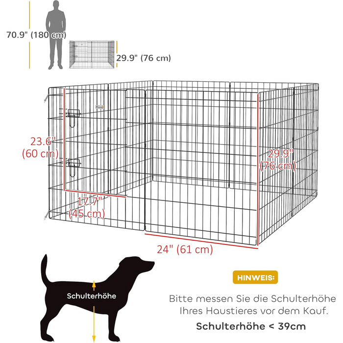 PawHut вольєр для цуценят, 76 см, 8-секційний, з замком, металевий, чорний