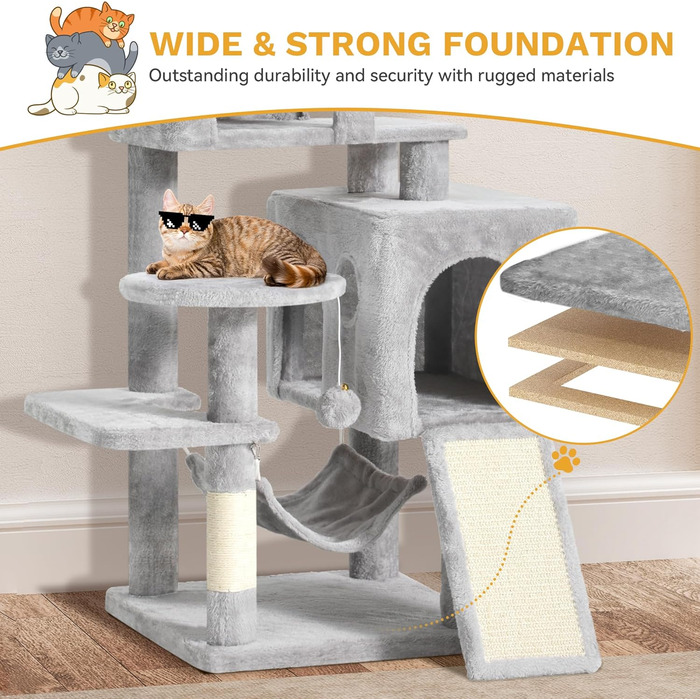 Кігтеточка YITAHOME XL, 137 см, з 2 сизалевими стовпчиками, 1 платформою, 2 хованками, гамаком, плюшевими кульками, дощечкою для заточування кігтів, котячий комплекс, сірий 45 x 45 x 137 см