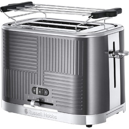 Тостер Russell Hobbs Geo на 2 тости, нержавіюча сталь, сірий, з широкими слотами, підставкою для булочок, 6 режимів підсмажування, функціями розморожування й підігріву, швидкий тост, 1640 Вт