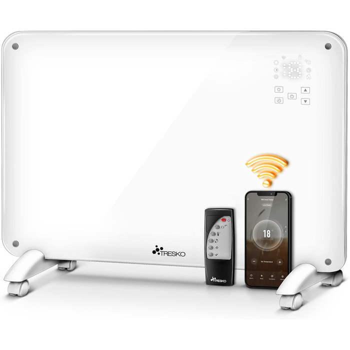 Електричний скляний конвектор TRESKO 2000 Вт з Wi-Fi, сенсорним та LCD-дисплеєм, дистанційним керуванням, настінний або підлоговий, білий