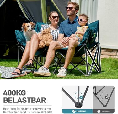 Кампінговий стілець-диван EVER ADVANCED для 2 осіб, 145 см, зелений - міцний, складаний, з високою спинкою, для відпочинку на природі, саду, балкону