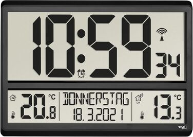 TFA Dostmann Digital XL Wall Clock, 60.4521.01, with outdoor temperature, indoor temperature, weekday (8 languages), radio clock, date, black, (L) 360 x (W) 235 x (H) 28 (84) mm