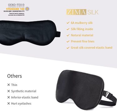 Маска для сну ZIMASILK з 100% чистої шовкової нитки малини, 22 Momme, наповнювач 100% шовкова нитка малини, стрічка з шовку, чорна
