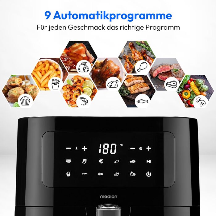 MEDION E40 XL Фритюрниця з гарячим повітрям (5.2 л, Airfryer, 2150 Вт, 9 автоматичних програм, функція випікання, без олії, сенсорне керування, LED дисплей, MD 11740) чорна