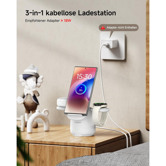 Бездротова зарядка SwanScout 3-в-1 для Samsung Galaxy S25 Ultra, S24, S23, Z Flip 7, Z Fold 7, Galaxy Watch 8/Ultra/7/6/5, Buds (без адаптера) біла