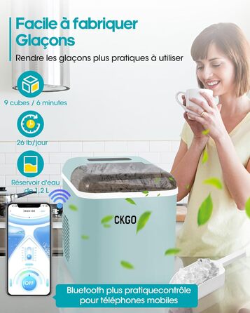 Smart Ice Maker Machine with WiFi Control - 15kg/24h, Fast Ice Production (6 mins), Self-Cleaning, 2 Sizes, Blue - for Kitchen, Office, Bar, Party, RV