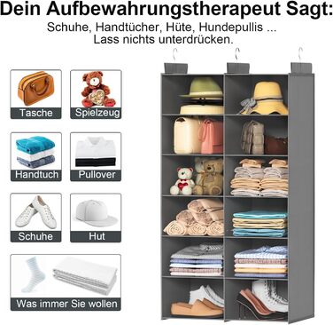 Організатор для шафи з 6 полицями, сірий - для одягу, з металевими гачками, компактний, для спальні, гуртожитку