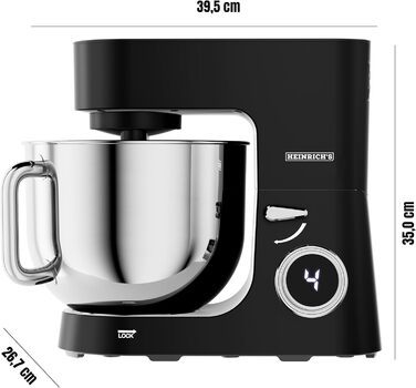Кухонна машина Heinrichs 2500W з подвійним гаком для тіста, міксером та вінчиком, 8 швидкостей, чаша 8L з нержавіючої сталі, чорна