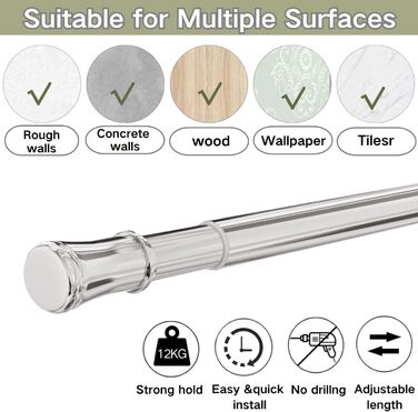 Штанга для карниза без свердління та шурупів, телескопічна, для душу та шафи, 85-230 см (діаметр 32 мм)