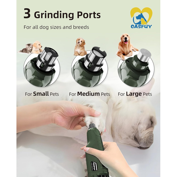 Електричний точило для собачих кігтів Casfuy - 6 режимів, 2 LED, для великих, середніх та маленьких собак. З захистом від пилу (білий, армійний зелений)