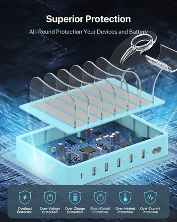 Зарядна станція SooPii USB 60W/12A, 6 портів, органайзер для декількох пристроїв з тримачем для Apple Watch, 6 кабелів (синій)