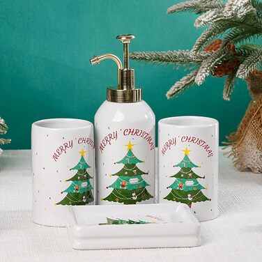4-Piece Ceramic Bathroom Set, Artistic Line Face Bathroom Accessories Set with Soap Dispenser, Toothbrush Holder, Cup, Soap Dish, Abstract Bathroom Set for Decor, Cream (Christmas Tree)