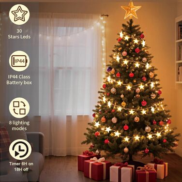 LED гірлянда зірочки на батарейках, 30 шт., 4,5 м, тепле біле світло - для вечірок, саду, Нового року, Хелловіну, весілля та декору