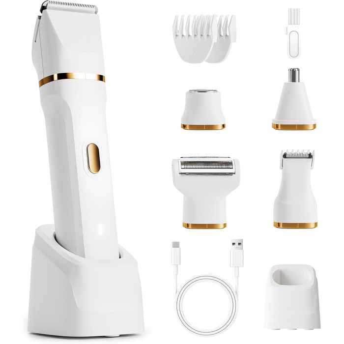 Електричний жіночий тример Jianyana 5-в-1 для тіла та обличчя, водонепроникний IPX7, для ніг, обличчя, пахв, носа та брів. Змінні насадки.