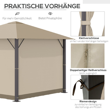 OUTSUNNY Garden Pavilion 3x3m with Ventilation Holes, 4 Side Panels, Weather-resistant, Rust-resistant, Made of Aluminum and Polyester, 2.97x2.97x2.6m in Khaki