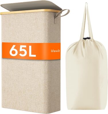 Кошик для білизни Lifewit 65L з кришкою, складаний вузький білизняний контейнер із бамбука з ручкою та мішком для прання, бежевий, для квартири, гуртожитку і кемпера