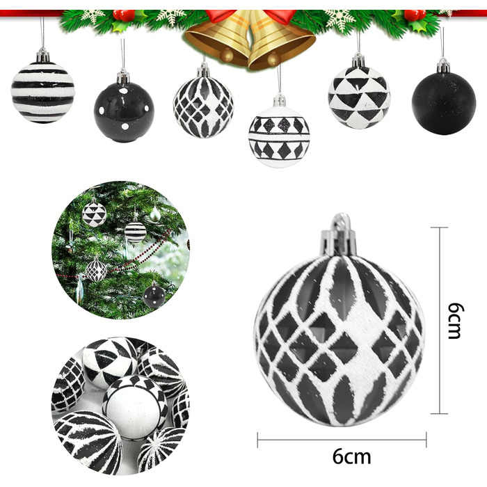30 шт. прикрас на ялинку: блакитні та чорні ялинкові кулі, 6 см, ручної роботи, з петелькою для ялинки