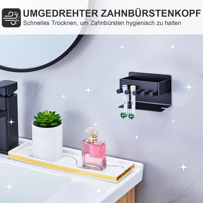Настінний тримач для зубних щіток GGQ, для електричних та звичайних щіток, без свердління, самоклеючий, з органайзером для пасти, чорний