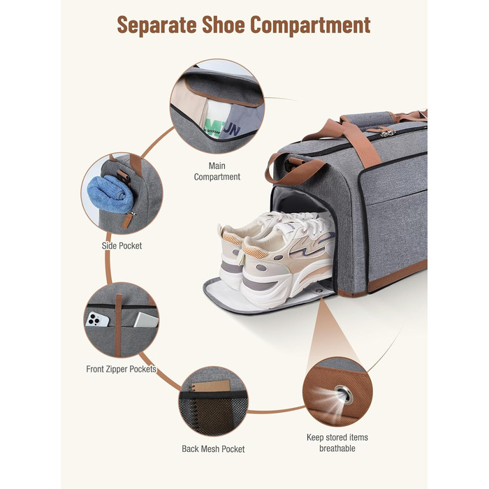 Спортивна сумка Lekesky 30L сірого кольору: туристична, для подорожей, з відділенням для взуття, валіза ручної поклажі Easyjet, водонепроникна