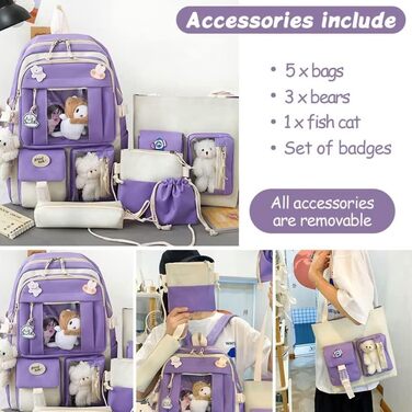 Яскравий рюкзак Каваї з аксесуарами, набір 5 шт. – великий рюкзак у стилі Харадзюку, трендовий рюкзак для школи, коледжу, подорожей, з нашивками (фіолетовий)