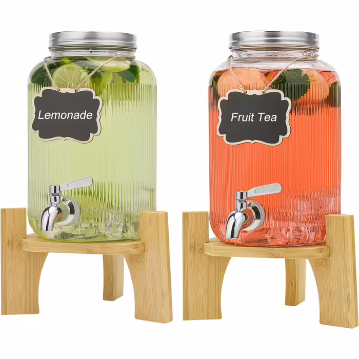 2-Piece 4L Glass Drink Dispensers with Spigot, Stand, and Stainless Steel Tap - For Parties, Cocktails, Juice, Water, and Beverages