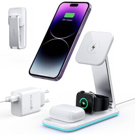 Зарядна станція MagSafe 3-в-1, складна, бездротова, біла (18W адаптер в комплекті). Сумісна з iPhone 14/13/12, AirPods Pro/2/3, iWatch 8/7/6/SE/5/4/3/2. Модель S16