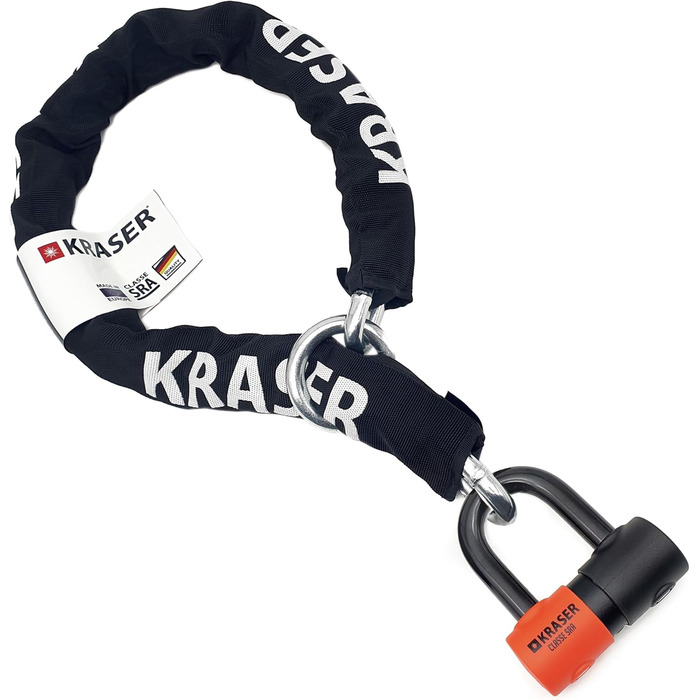 Замок-ланцюг KRASER KR50120L для мотоцикла, дисковий захист від крадіжки, U-образний замок Ø18 мм + ланцюг 120 см Ø13,5 мм, система петлі, сертифікат SRA, для мотоциклів та скутерів