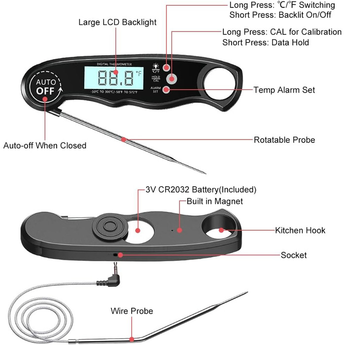 Цифровий термометр для м'яса: миттєве зчитування, для приготування на грилі та в духовці, з магнітною основою та сигналом тривоги, для кухні, барбекю та лабораторій