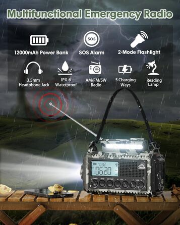 Радіо Kurbelradio на сонячній батареї та з ручкою, 12000mAh, AM/FM/SW, USB-зарядка, SOS-сигнал, для кемпінгу та надзвичайних ситуацій, зелений (сірий камуфляж)