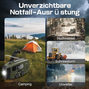 Радіо на механічній та сонячній енергії Notfall Kurbel Radio з Power Bank, USB, AM/FM, SOS-сигналом, ліхтариком - зелений
