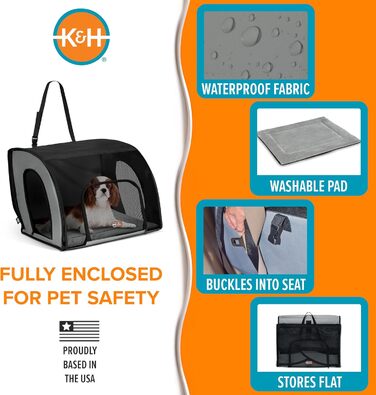 Кенійська переноска для тварин K&H Pet Products для подорожей на авто, сумка-переноска для котів та маленьких собак, портативний вольєр для авто, сірий/чорний, 43.2 x 40.6 x 38.1 см