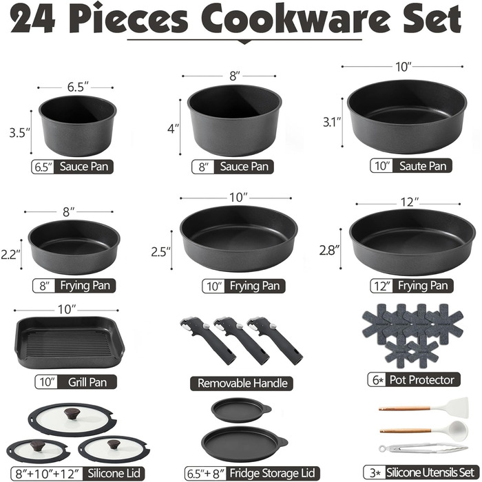 SENSARTE 24-Piece Nonstick Cookware Set - Pots & Pans Set for Induction, Dishwasher & Oven Safe - Healthy RV Cookware (Black)