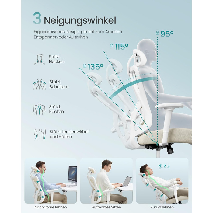 Офісний стілець SONGMICS з регульованою поперековою підтримкою та підголівником, сітчаста спинка, максимальне навантаження 150 кг, регульована висота, колір пісочний (OBN063B01)