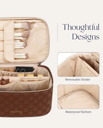 Косметичка для жінок Prite Groß з водонепроникного шкіряного матеріалу, з ручкою та знімним роздільником (коричнева в клітинку)
