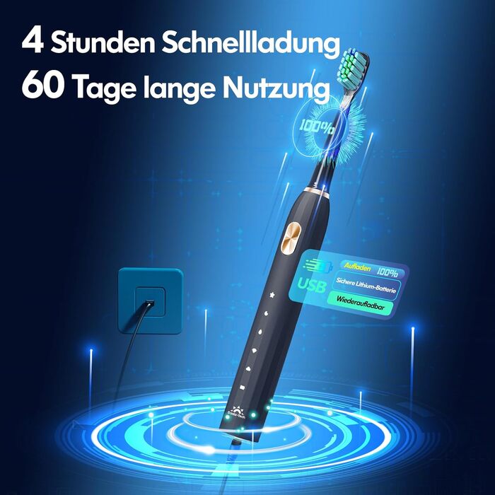 Електрична зубна щітка звукова для дорослих та дітей з 5 режимами чищення, таймером та 9 насадками Ultraschall (Синя/Чорна)