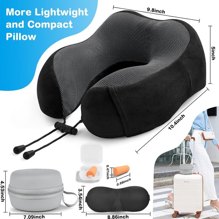 Подушка для шиї в літак, доросла, Memory Foam, регульована, компактна, з навушниками, маскою для сну та чохлом (чорна)