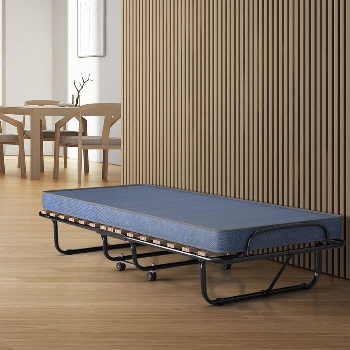 COSTWAY Гостьове ліжко 80x190 см з матрацом з memory foam, складане односпальне ліжко, металевий каркас до 130 кг, ліжко-трансформер на колесах, для вітальні/гостьової кімнати, блакитне