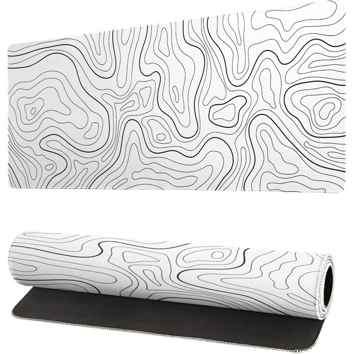 Мат для миші Japanische e Meereswelle, абстрактний дизайн, 80x20 см, хвиля, нековзна гумова основа, великий килимок для миші, для офісу та дому (біла топографічна лінія)