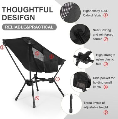 Складний туристичний стілець TOPCHANCES для кемпінгу та відпочинку на природі. Міцний, легкий, з кишенею, чорний