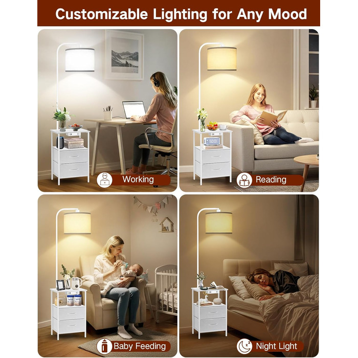 Стійка лампа для вітальні з поличкою та столиком, диммування LED, пульт керування, 3 колірні температури, приліжний столик з підзарядкою, дерев'яний столик для спальні/офісу (білий з шухлядами)