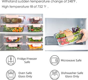 Набір з 10 скляних контейнерів для зберігання продуктів, з кришкою, BPA-Free, підходить для мікрохвильової печі, морозильника та посудомийної машини (Рожевий)