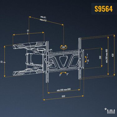 Кріплення для телевізора RICOO S9564: універсальний настінний тримач для телевізорів 40-75 дюймів (VESA 600x400, до 45 кг) з можливістю нахилу та повороту