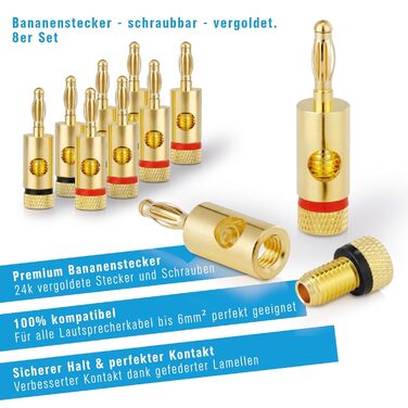 Бананові роз'єми Premium 8 шт для акустичних кабелів 6mm², позолочені 24K, червоно-чорний набір