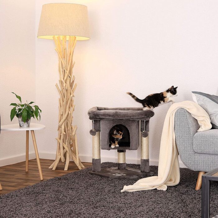 Lionto Scratching Post for Cats with Cave & 2 Plush Balls incl. Bell, Height 60 cm, Cat Tree with Robust Sisal Rope & Soft Plush, Cozy Lying Area, for Small & Large Cats (Dark Grey)