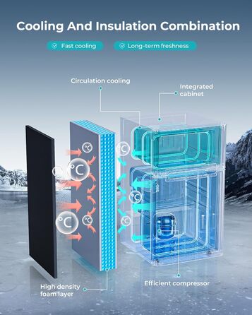 EUHOMY Міні холодильник 46L, компактний холодильник з регулюванням температури, тихий (38dB), енергоефективний для спальні, офісу, сріблястого та чорного кольорів